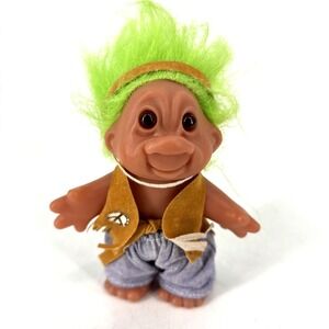 Vintage Dam 1986 Neon Green Hair Troll Doll Hippie Peace Sign Vest 4.5"